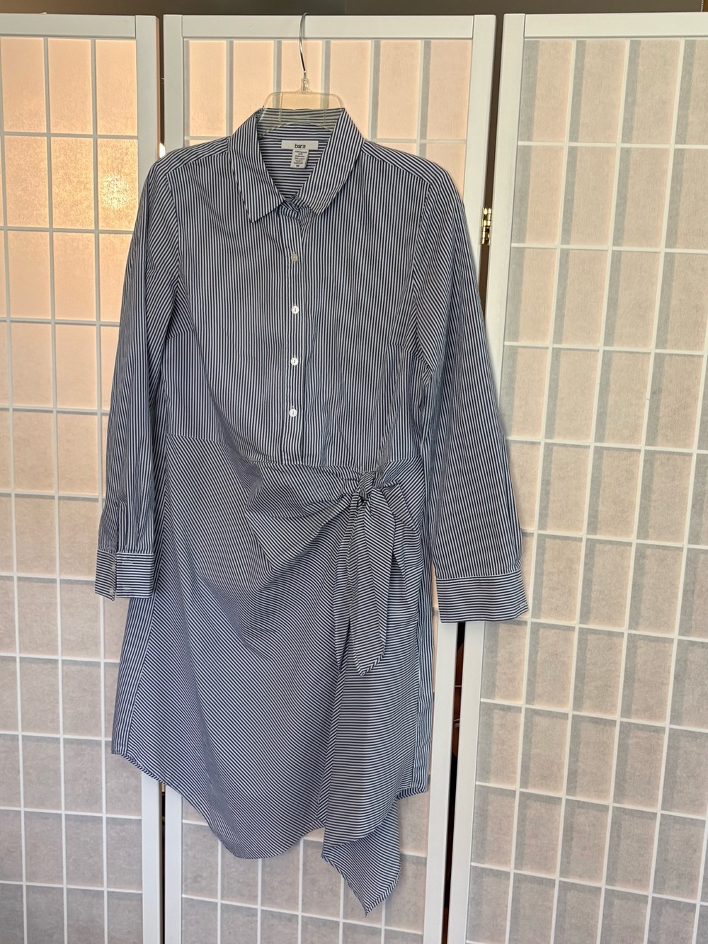 Bar III Blue and White Striped Long Sleeve Tie-Waist Dress